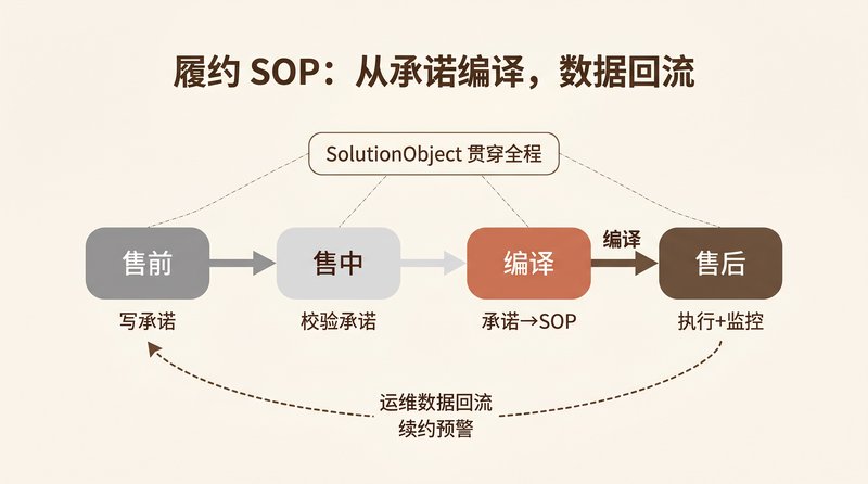 履约 SOP：从方案对象的承诺字段编译，运维数据回流预警续约