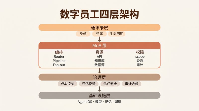 数字员工架构四层模型：通讯录 → MoA → 治理 → 基础设施
